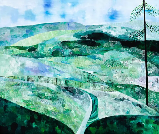 An oil painting of a green landscape with roads