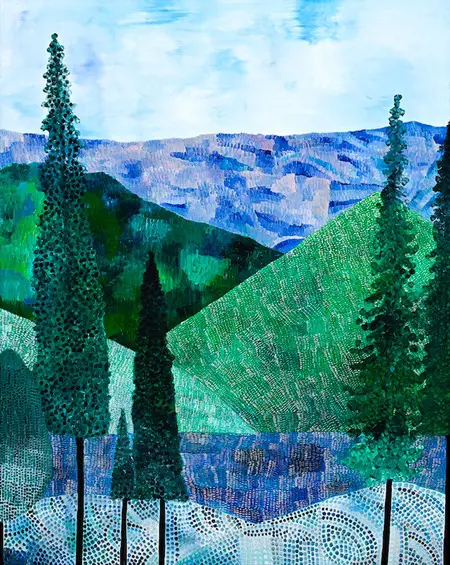 A landscape painting of purplish-blue mountains