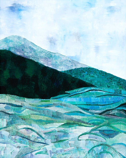 An oil painting of blue mountain slopes