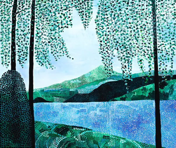 An oil painting of green mountains surrounding a blue body of water