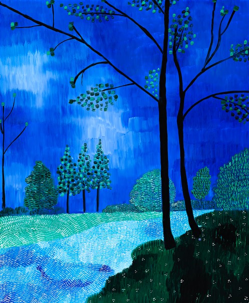 A painting of a blue night sky with trees and a river