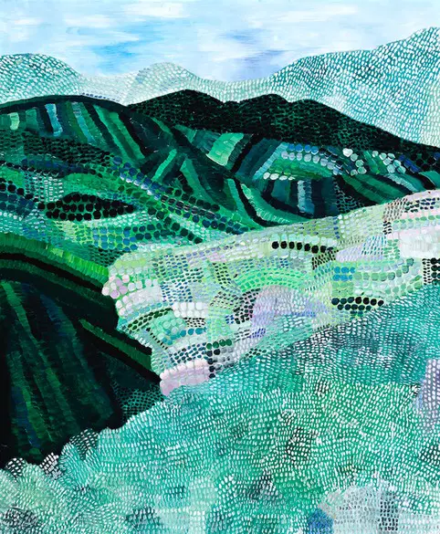 An oil painting of blue valleys