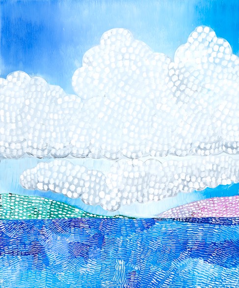 An oil painting of a landscape with water clouds