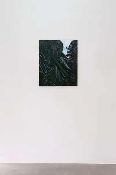 An oil painting of a dark green forest