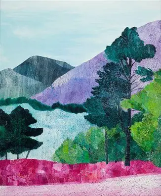 An oil painting of green trees, purple mountains, with pink roads