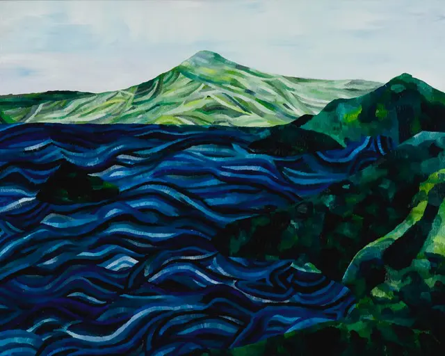 An oil painting of green mountains and blue ocean