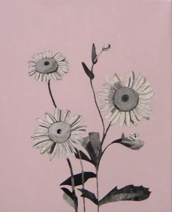 A painting of a daisy plant with three flowers