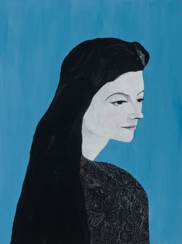 A side view painting of a person with a very long black hair