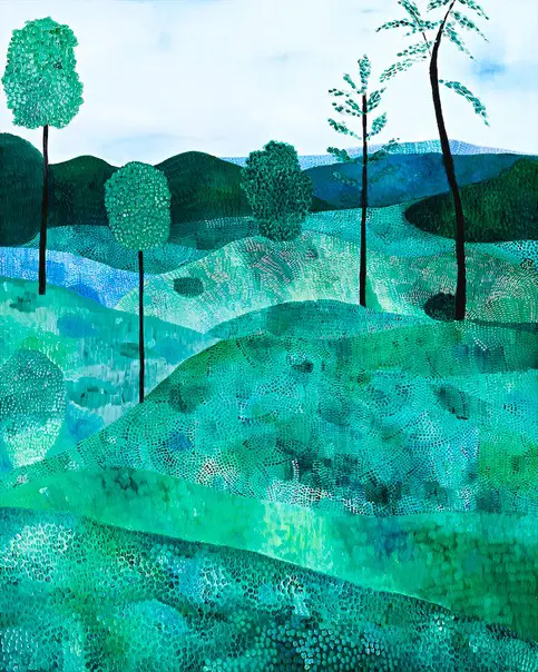 A painting of five trees on hills