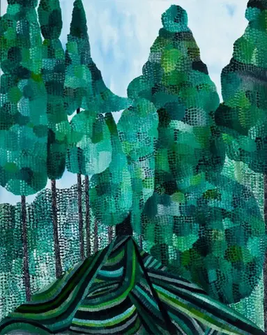 A landscape painting of trees with intertwined blue and green roots