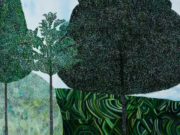 A landscape painting of different shapes of trees