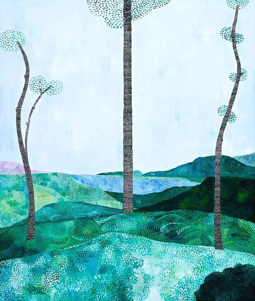 A painting of turquoise trees in oil