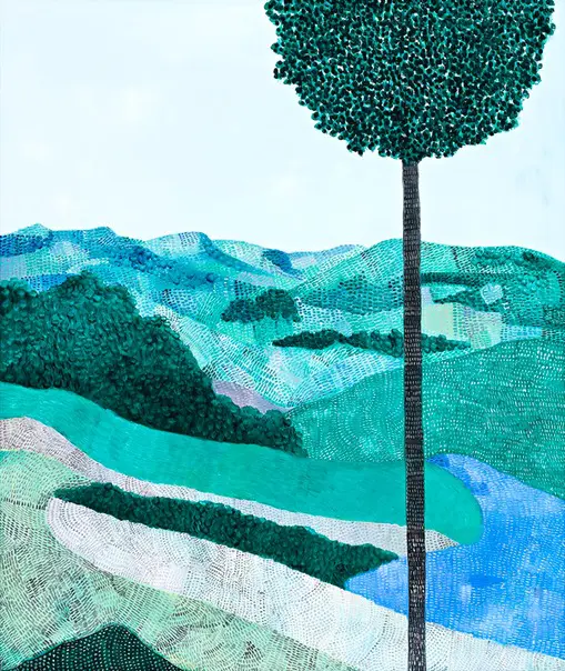 An oil painting of a tree, mountains, and a river