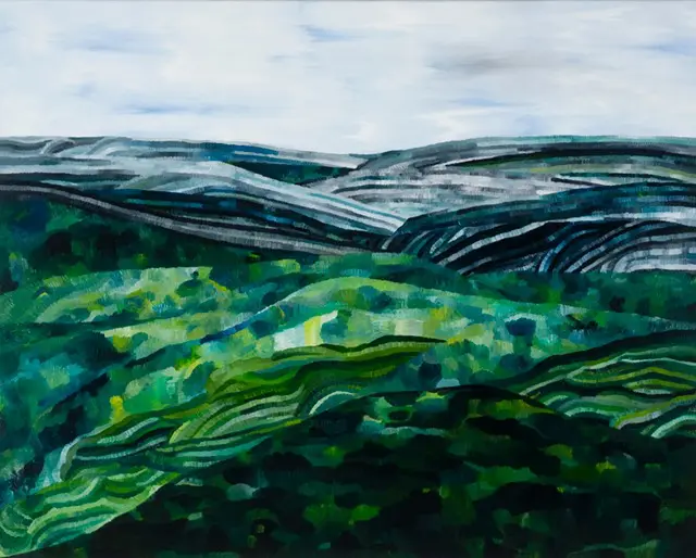 An oil painting of green and blue hills