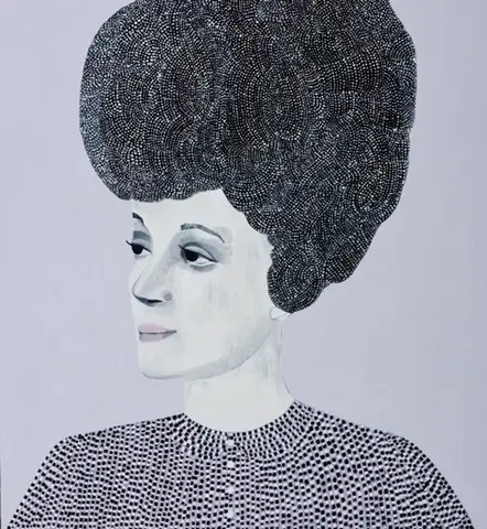 A side view portrait painting of a person with big hair