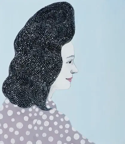 A side view portrait painting of a long-haired person wearing a top with white dots