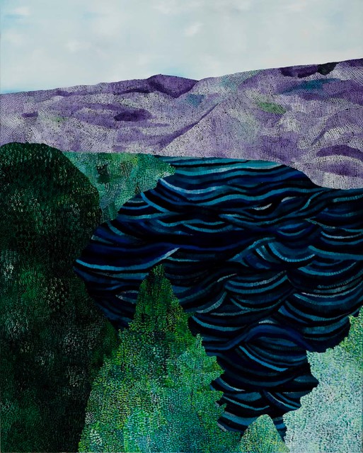 An oil painting of green surroundings and a blue body of water