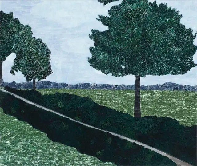 A painting of grassy surroundings with a narrow path