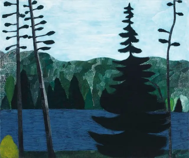 A painting of trees, shrubs, and a blue lake
