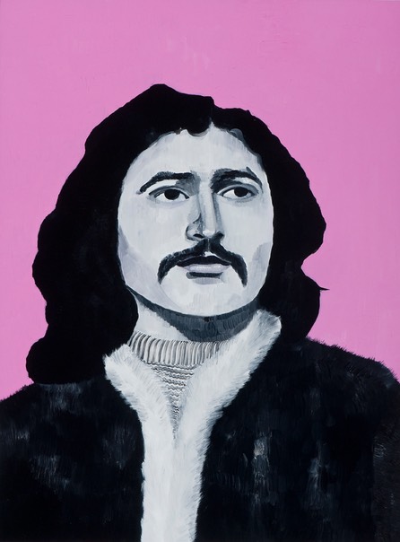An oil painting of a person with long hair and a mustache