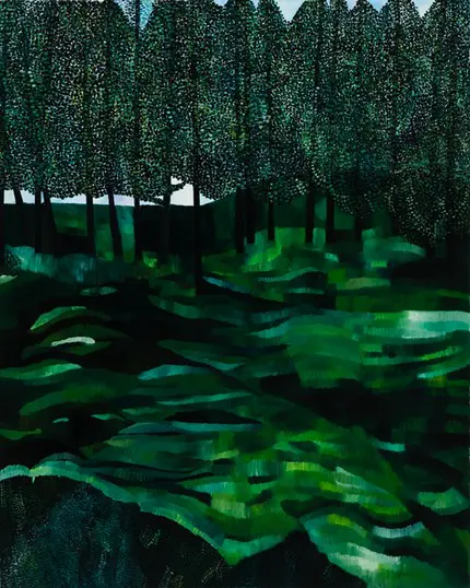 An oil painting of green grassy grounds and trees