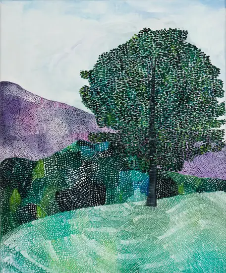 A painting of a big tree and hills