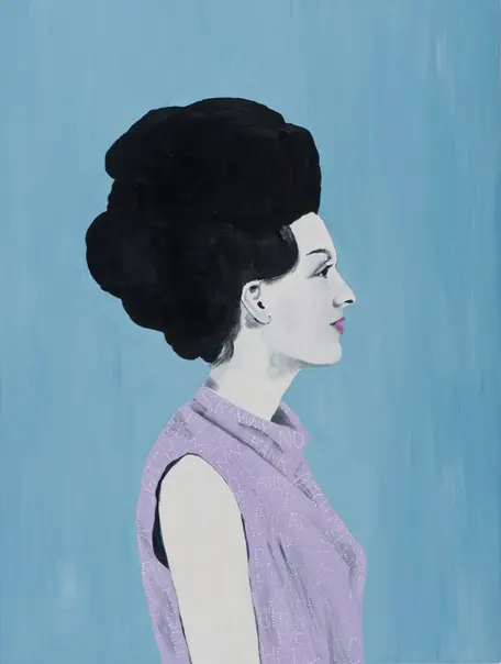 An oil painting of a woman with hair up wearing a purple top