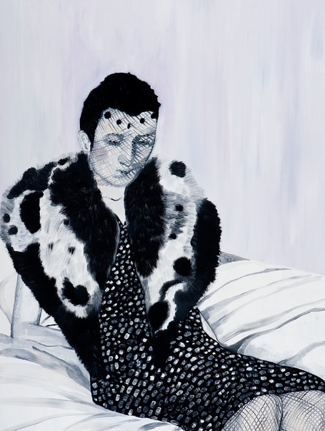 An oil painting of a person wearing a black and white fur jacket