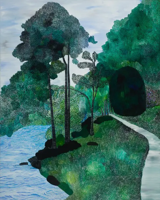 An oil painting of a blue river and a path on a slope