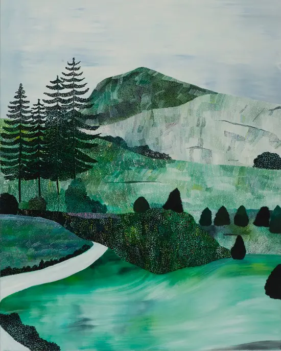 An oil painting of turquoise hills and roads