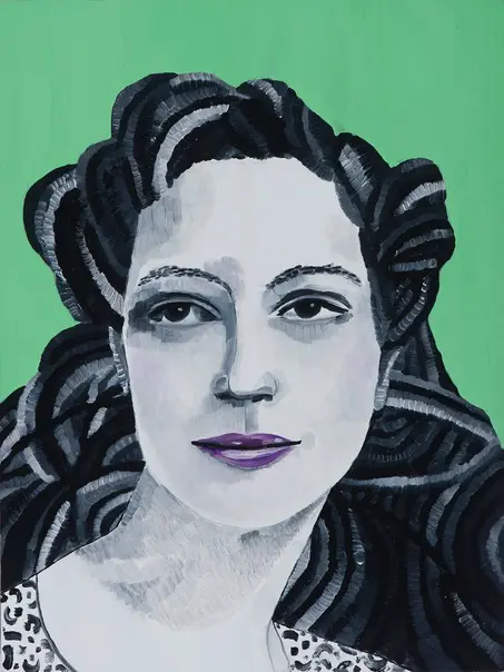 An oil painting of a person with long wavy hair and purple lips