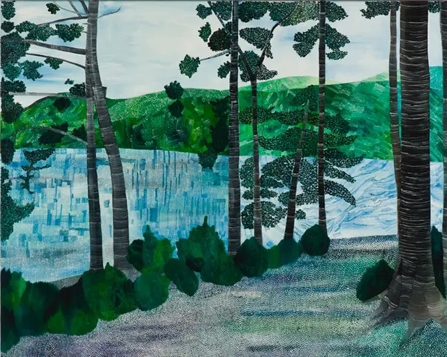 A painting of blue water and green shrubs