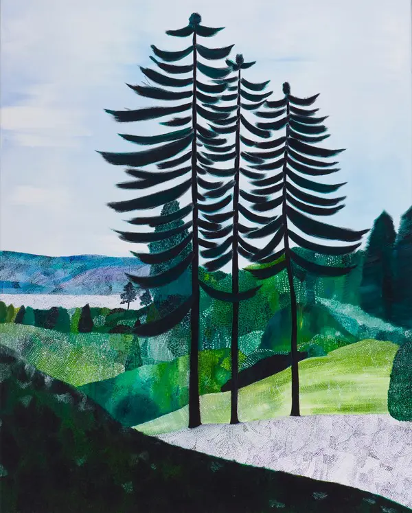 An oil painting of three tall trees in the middle of a hill