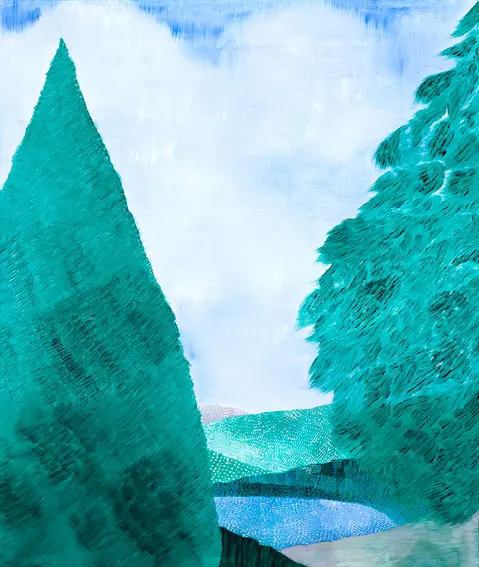 A turquoise conifer oil painting