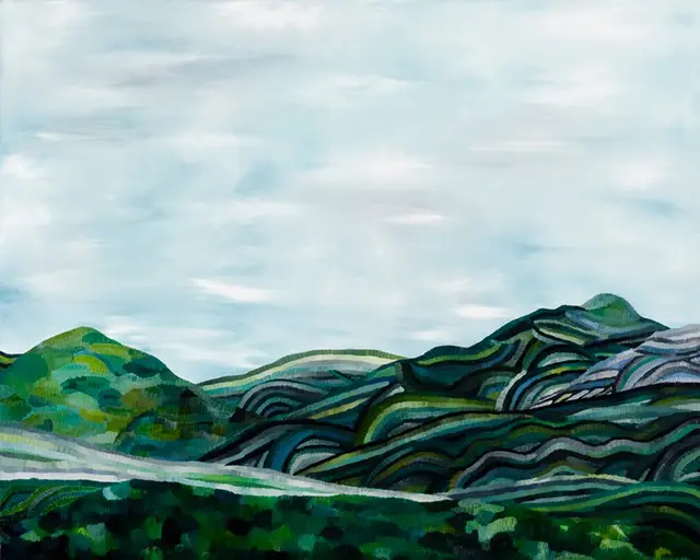 An oil painting of a swirling green mountains