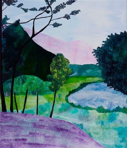 A painting of purple hills and a blue lake