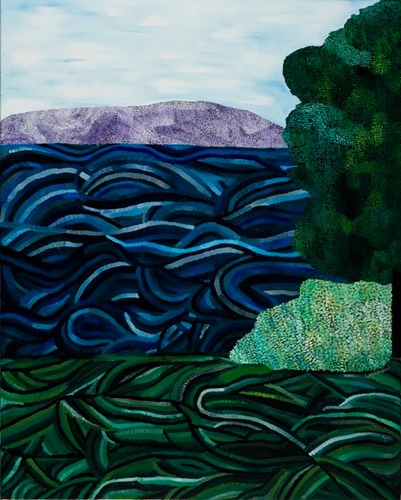 An oil painting of a blue ocean and purple mountains