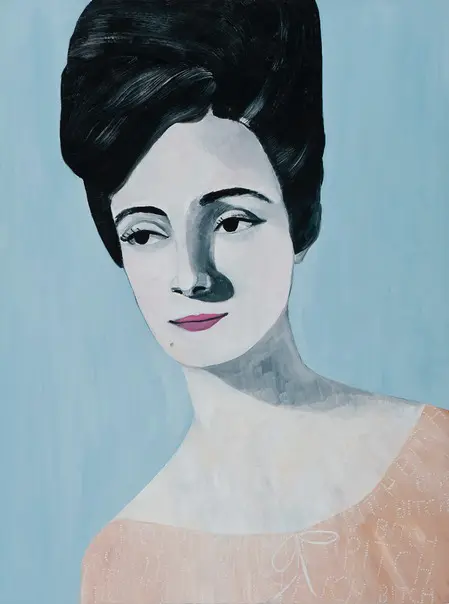 An oil portrait painting of a person with hair up