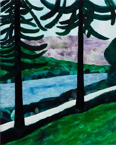 A painting of trees, pink mountains, and a blue lake