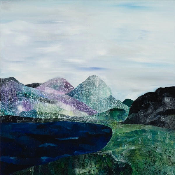 A painting of purple mountains and a blue lake