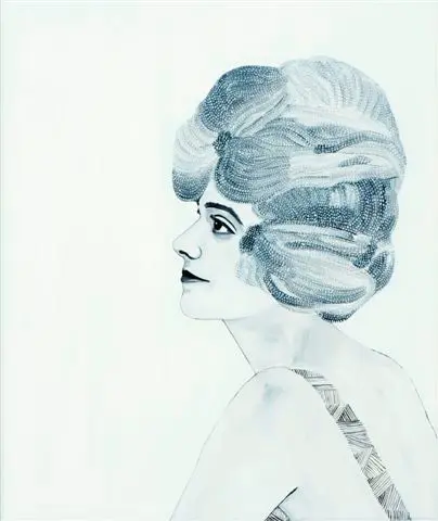 A portrait painting of a woman with big hair