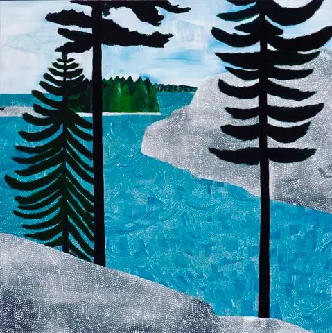 A painting of blue flowing water and three trees on a rocky mountain