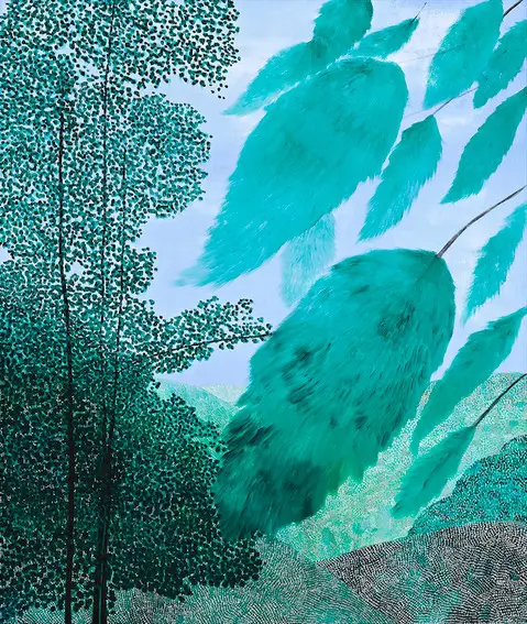 A painting of a green landscape and swaying leaves