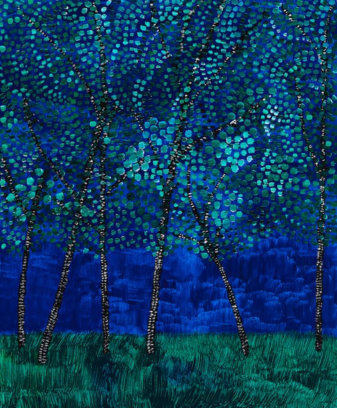 A painting of a forest at night