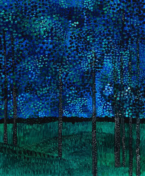 An oil painting of trees at night