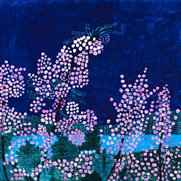 A painting of flowering plants at night