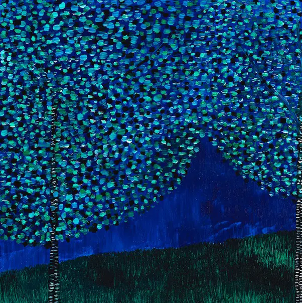 An oil painting of two trees at night