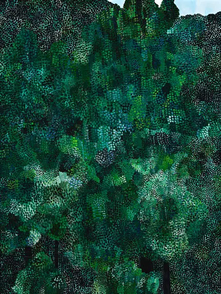 An oil painting of a green forest