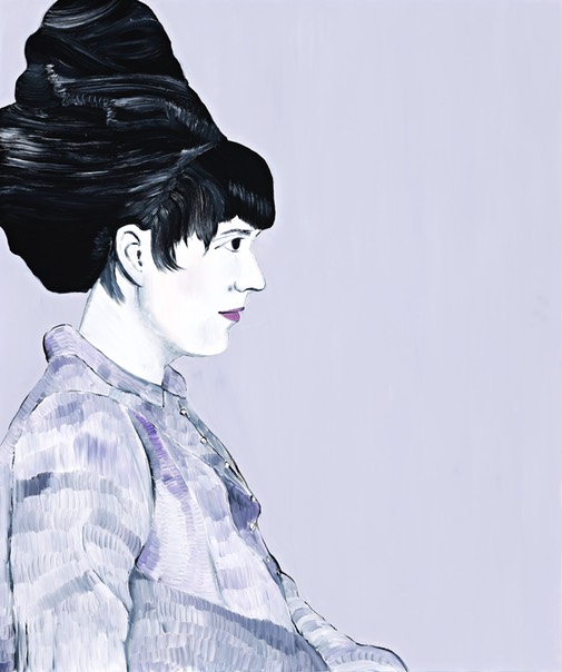 A side view portrait painting of a woman with her hair up