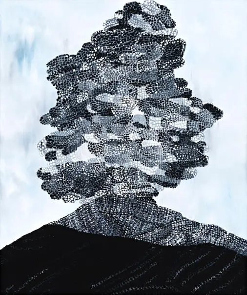 A black and white volcano painting in oil